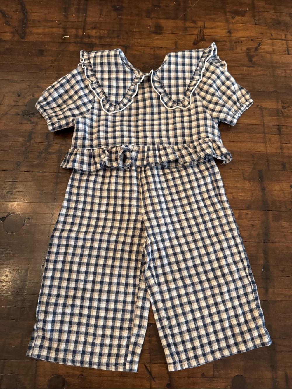 Rylee + Cru Navy Check Prairie Blouse & Wide Leg Pant Set 2-3Y